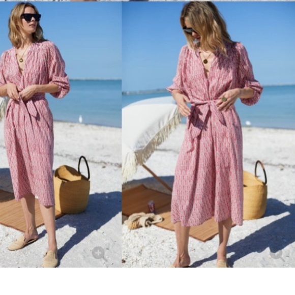 EMERSON FRY India Collection Olympia Caftan Long Sleeve Rose Pink Dress L - Picture 2 of 6